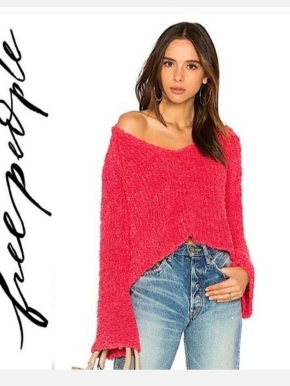 Free People Pink Off-Shoulder Fuzzy Sweater Dz L